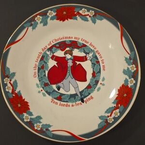 Vtg Salad Plate Tienshan‎ DECK HALLS Ten Lords A-leaping 12 Days Christmas Gold